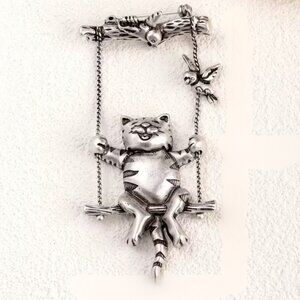 Cat Brooch Vintage Inspired Cat on Tree Swing-Movable Whimsical Playful Jewelry